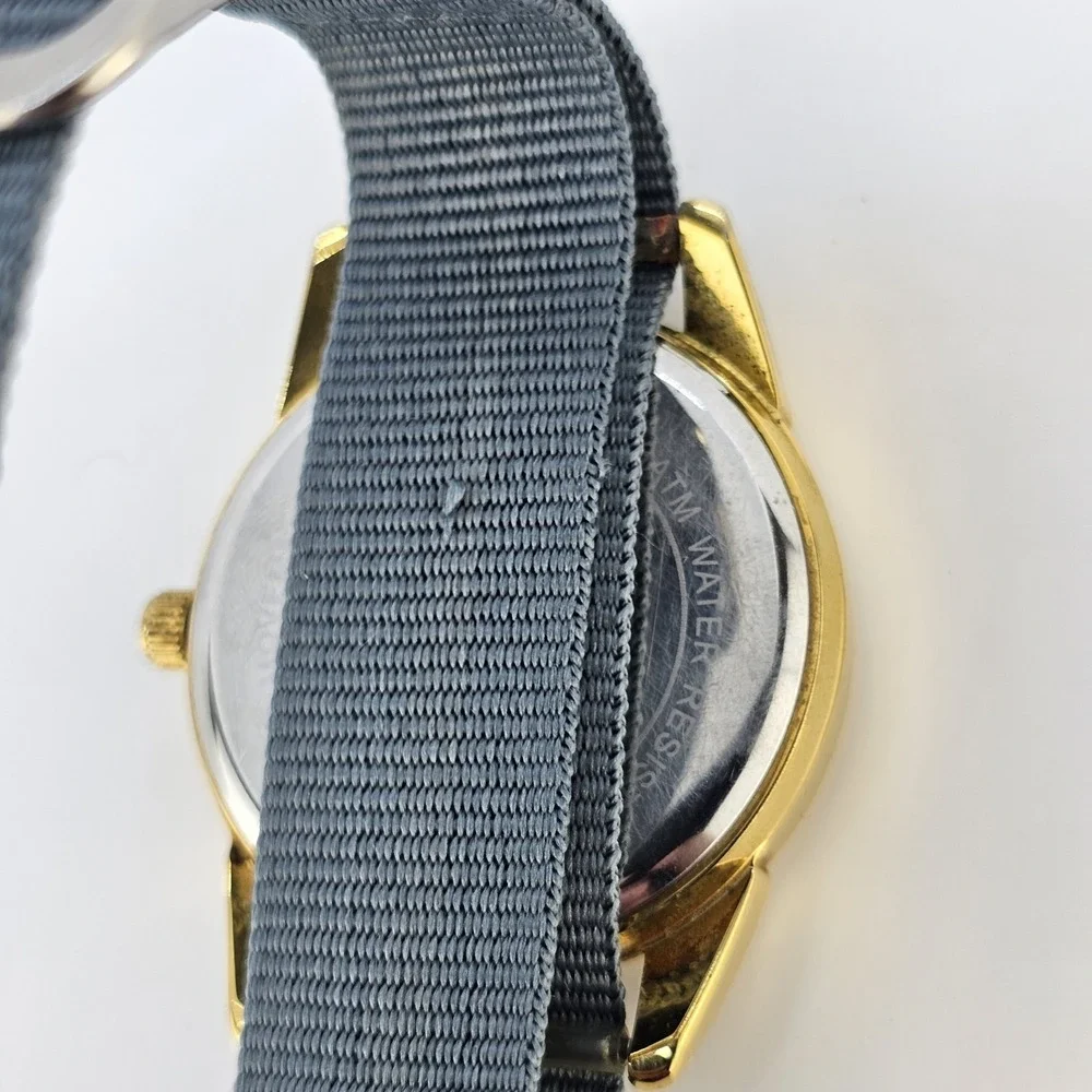 Men's Analog Watch 38MM Black Dial Day Date NEW Gray Canvas Band NEW Battery